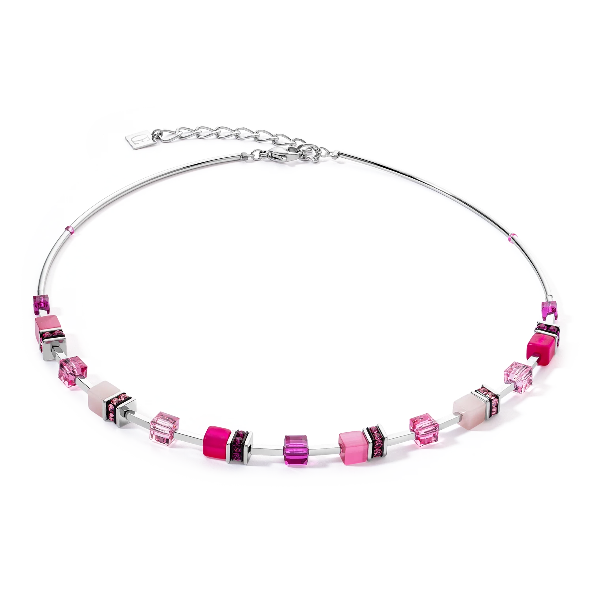 A bright pink beaded stainless steel necklace