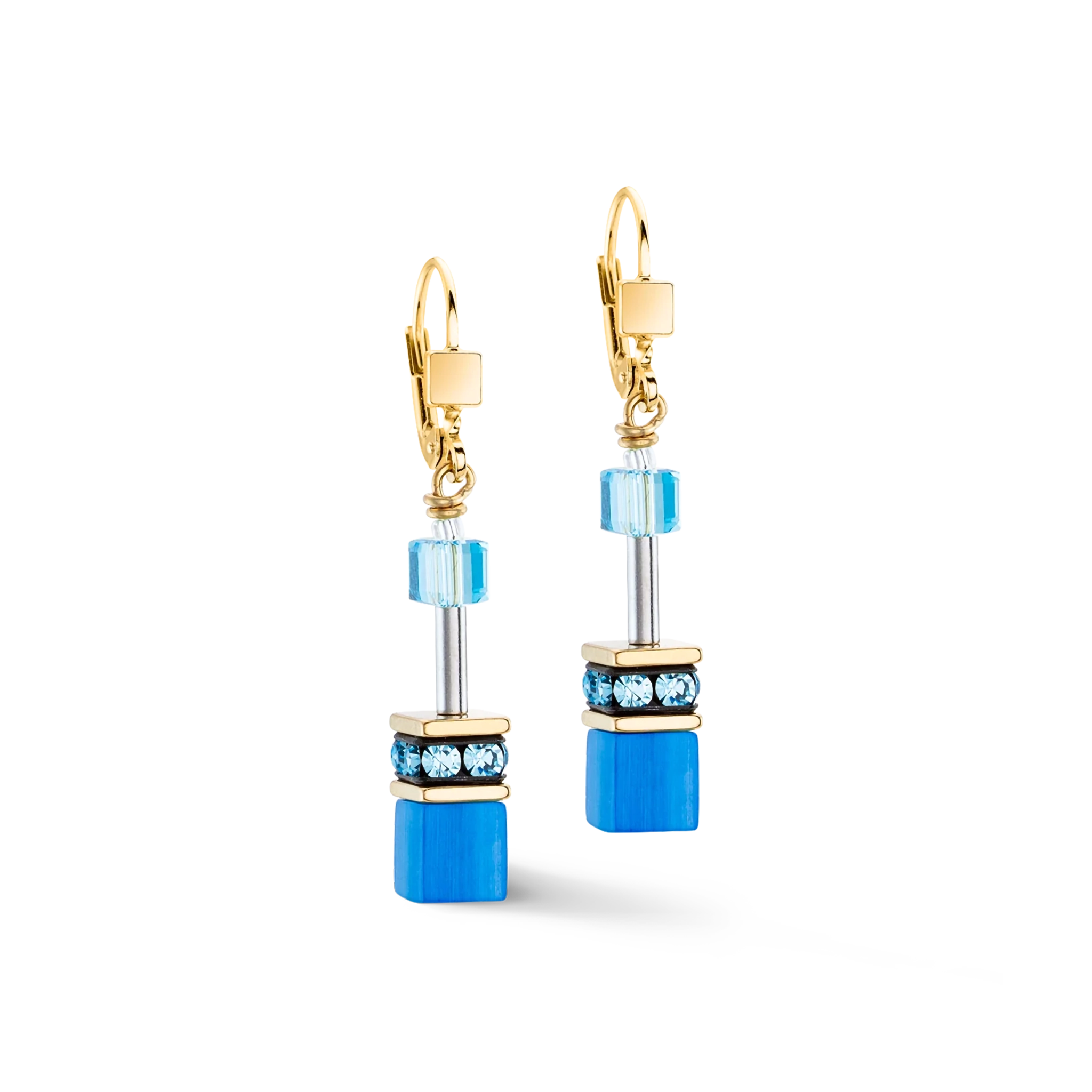 A pair of drop earrings in gold with blue cube beads 