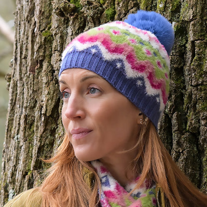 Imogen Fluffy Bobble Hat | Green & Blue