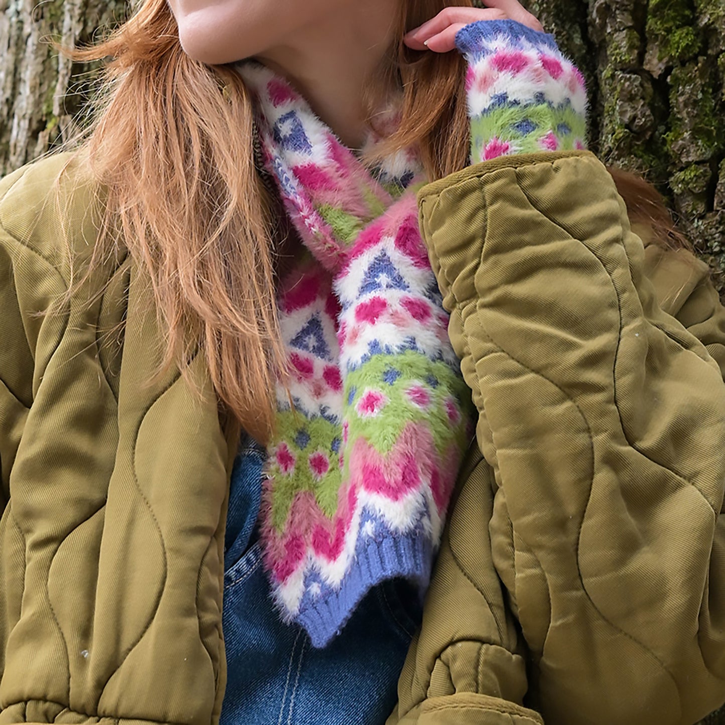 Imogen Fluffy Pull-Through Scarf | Green & Blue