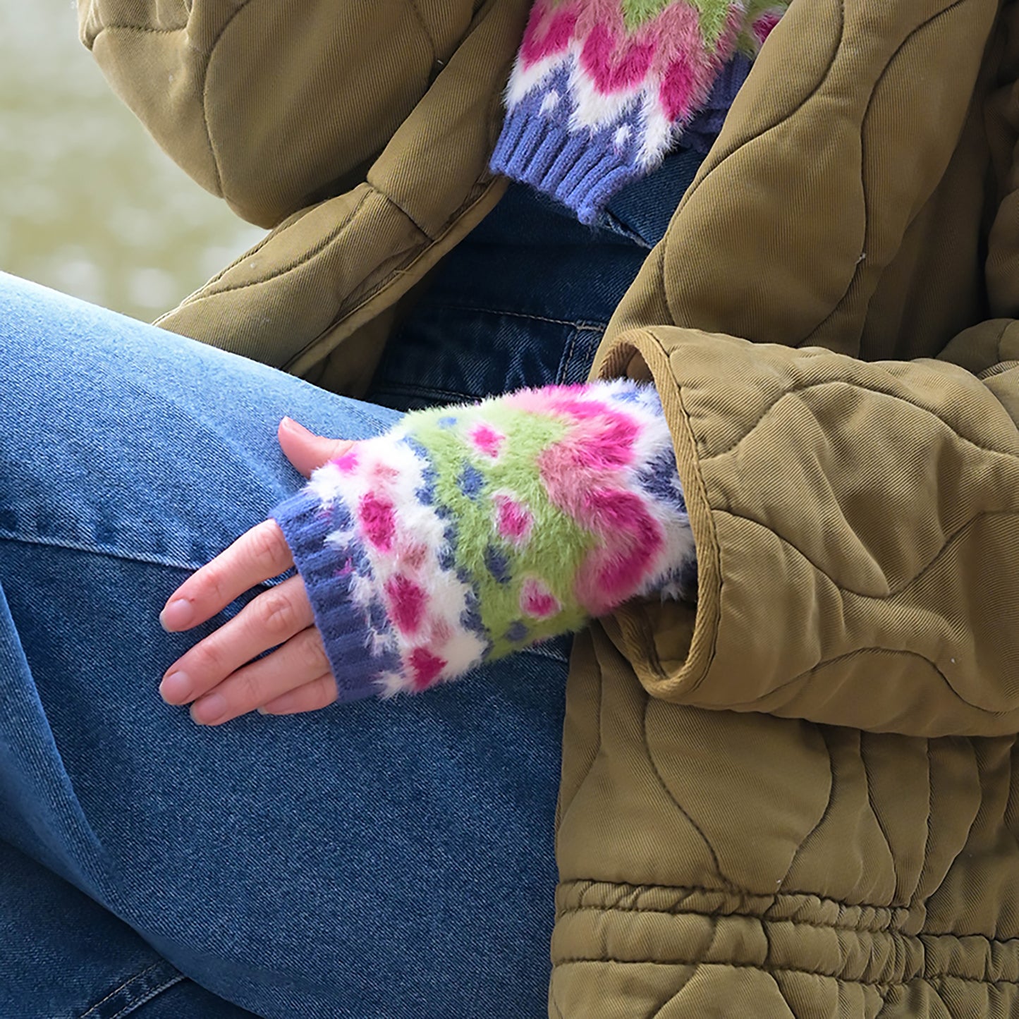 Imogen Fluffy Wrist Warmers | Green & Blue
