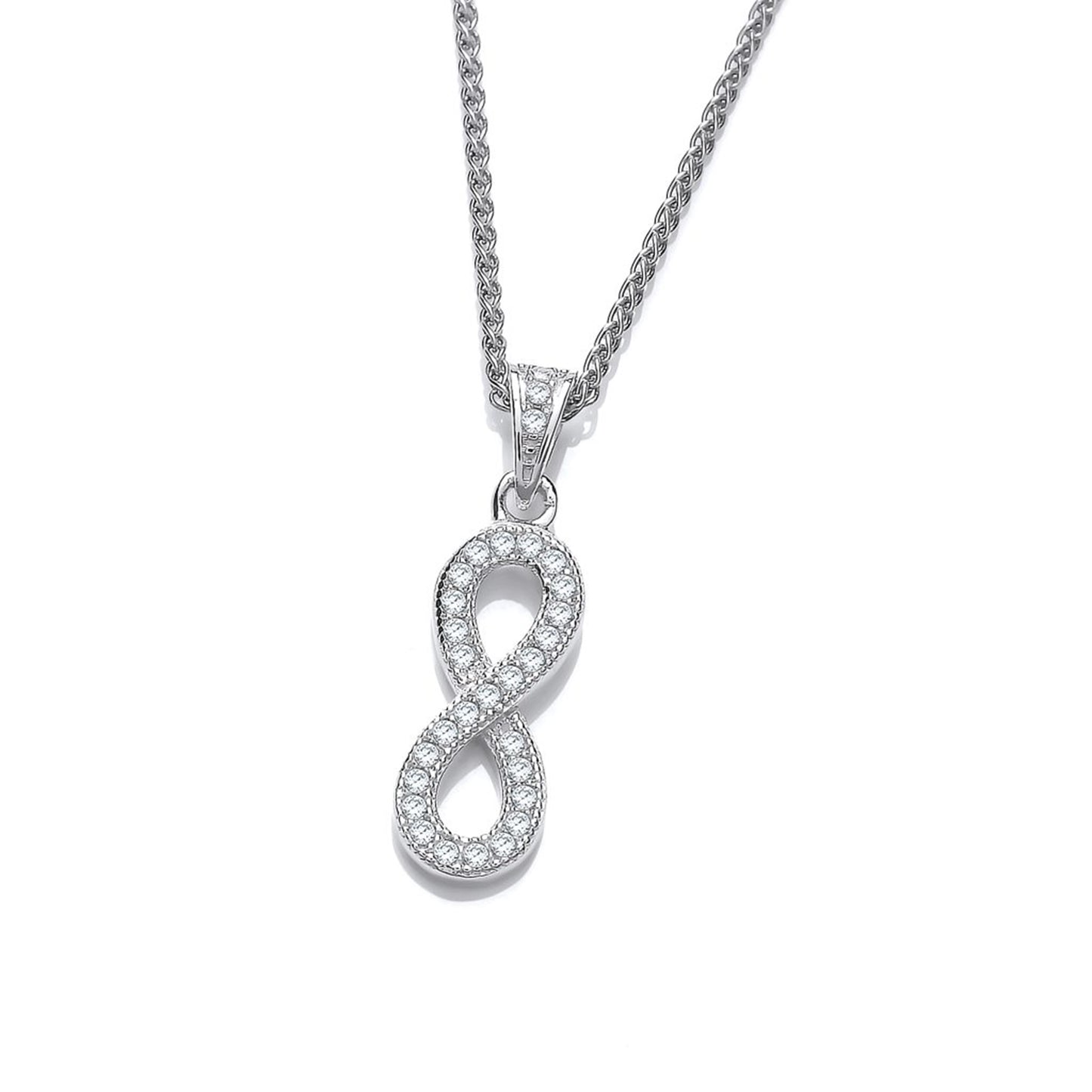 Silver infinity shaped pendant with CZ stones and a silver chain