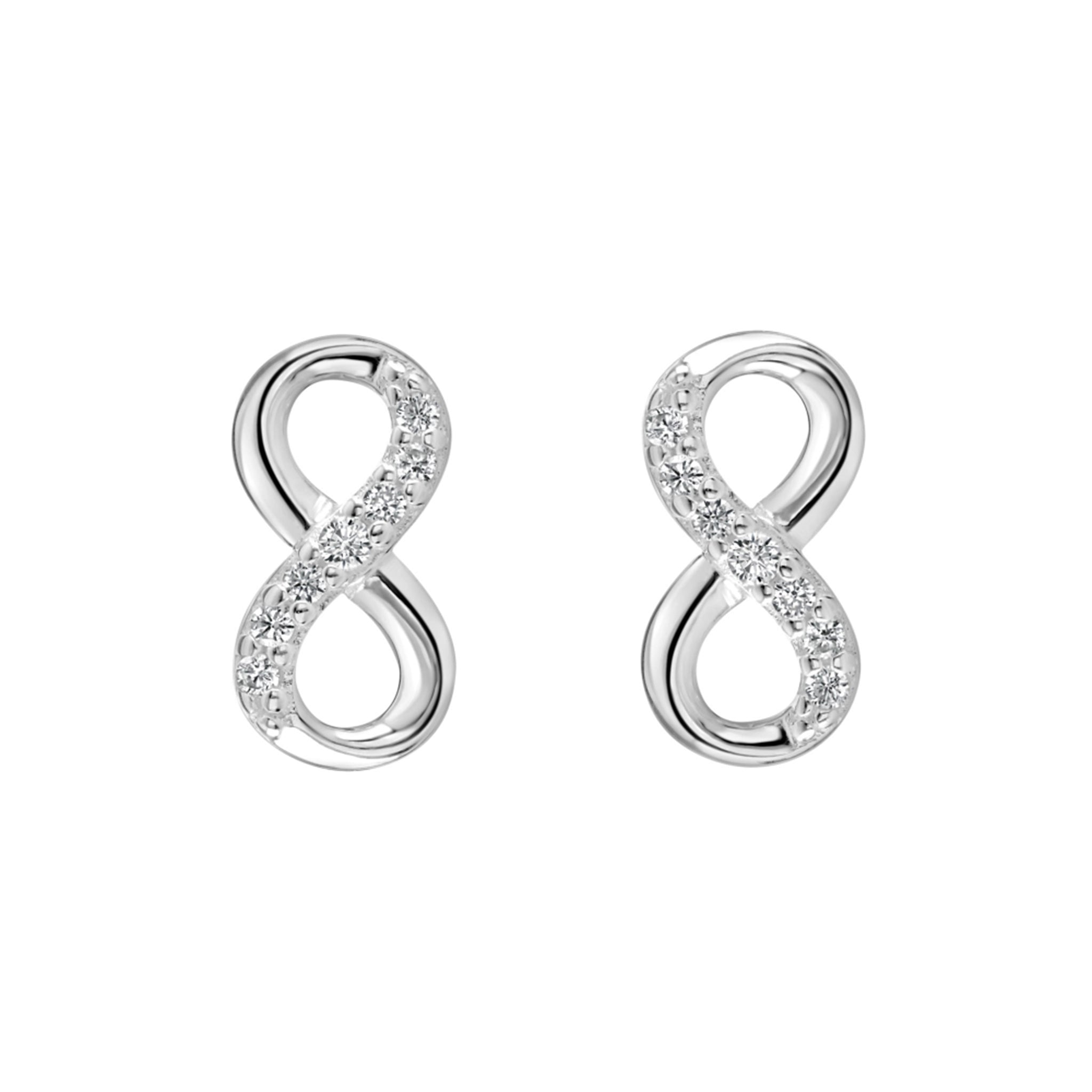 A pair of infinity symbol stud earrings with CZ stones