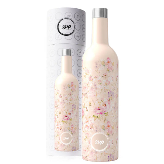 Stainless steel insulated wine bottle in pink floral with matching box