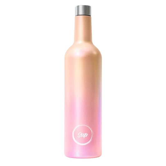 Stainless steel insulated wine bottle in pink and gold ombre