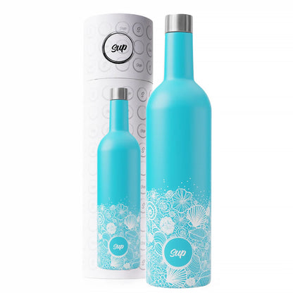 Stainless steel insulated wine bottle in turquoise with white shell pattern and matching tube box