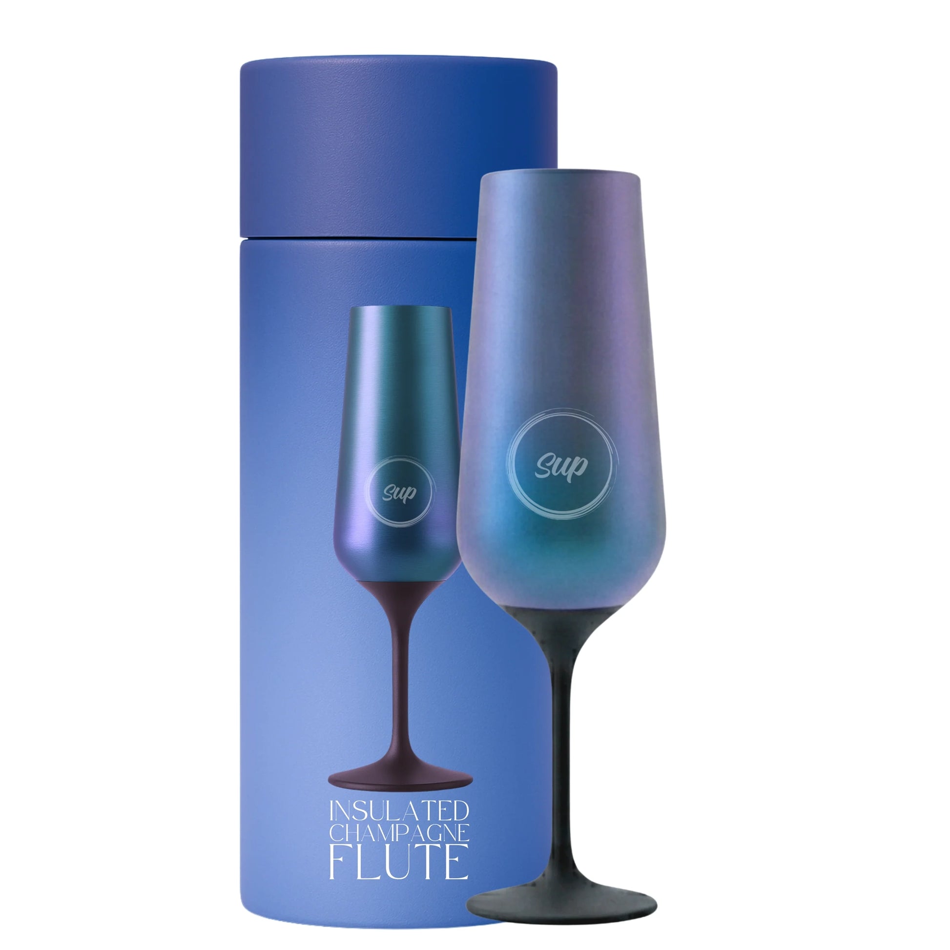 Stainless steel insulated blue and purple galaxy ombre champagne flute with Sup logo