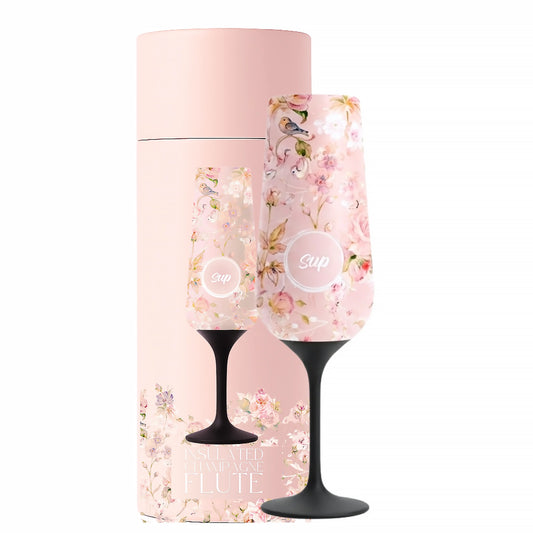 Stainless steel insulated pink floral champagne flute with Sup logo