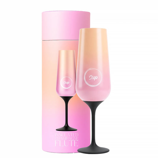 Stainless steel insulated pink and gold ombre champagne flute with Sup logo