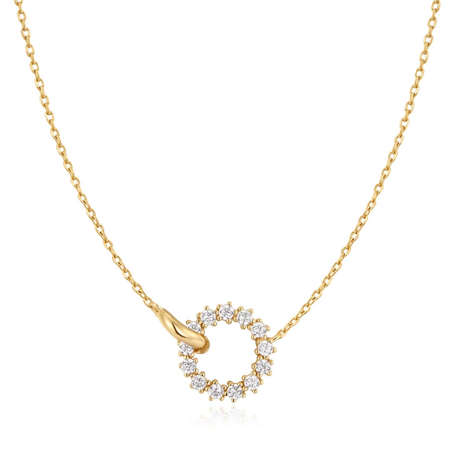 Interlinked circle gold chain necklace with CZ stones
