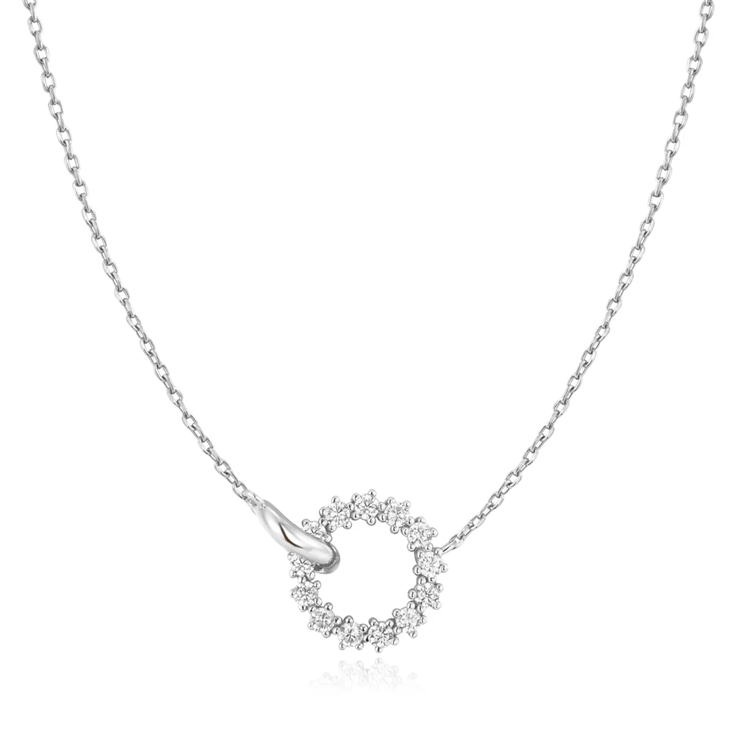 Interlinked circle silver chain necklace with CZ stones