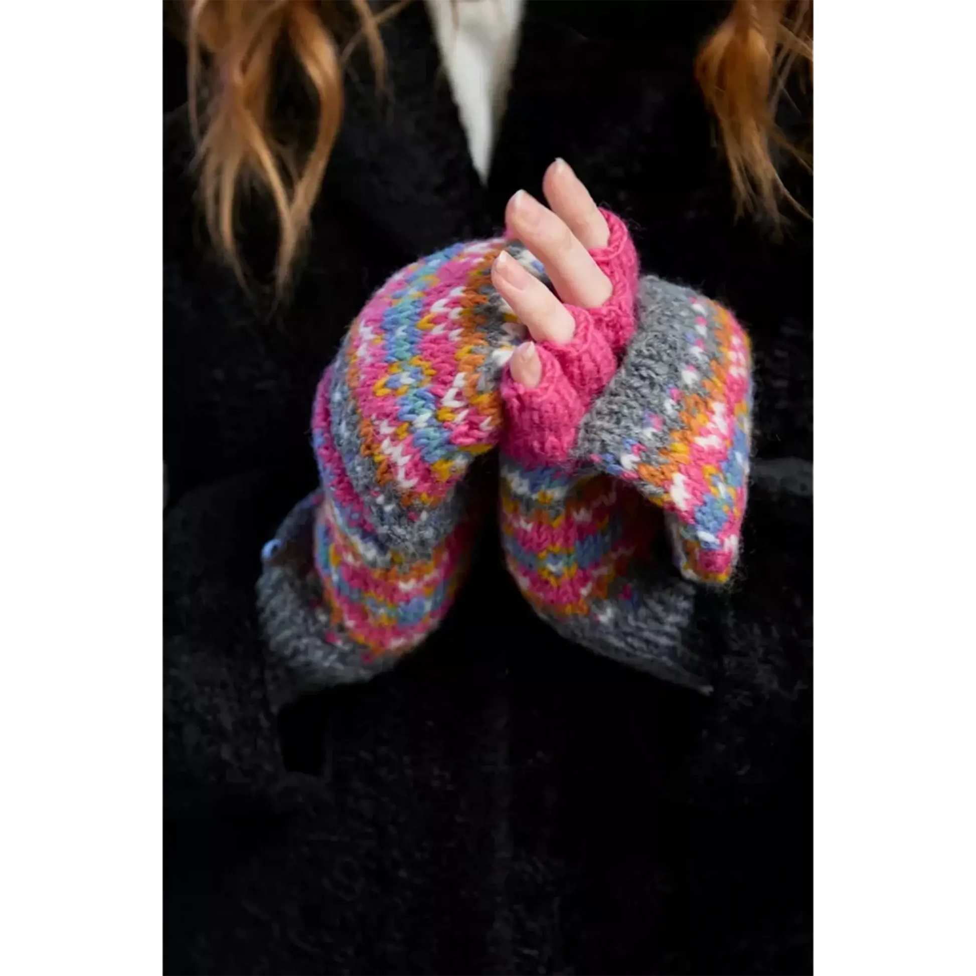 Rainbow and grey striped gloves with little chevron hearts