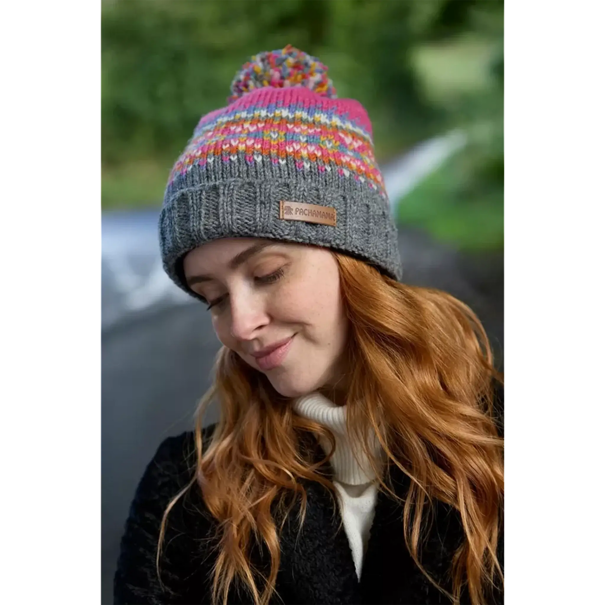 Rainbow and grey striped bobble hat with little chevron hearts