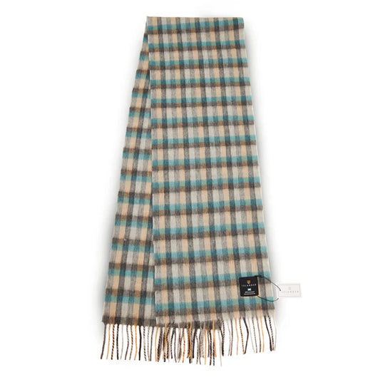 A check patterned tartan wool scarf in blue and beige with fringe trim