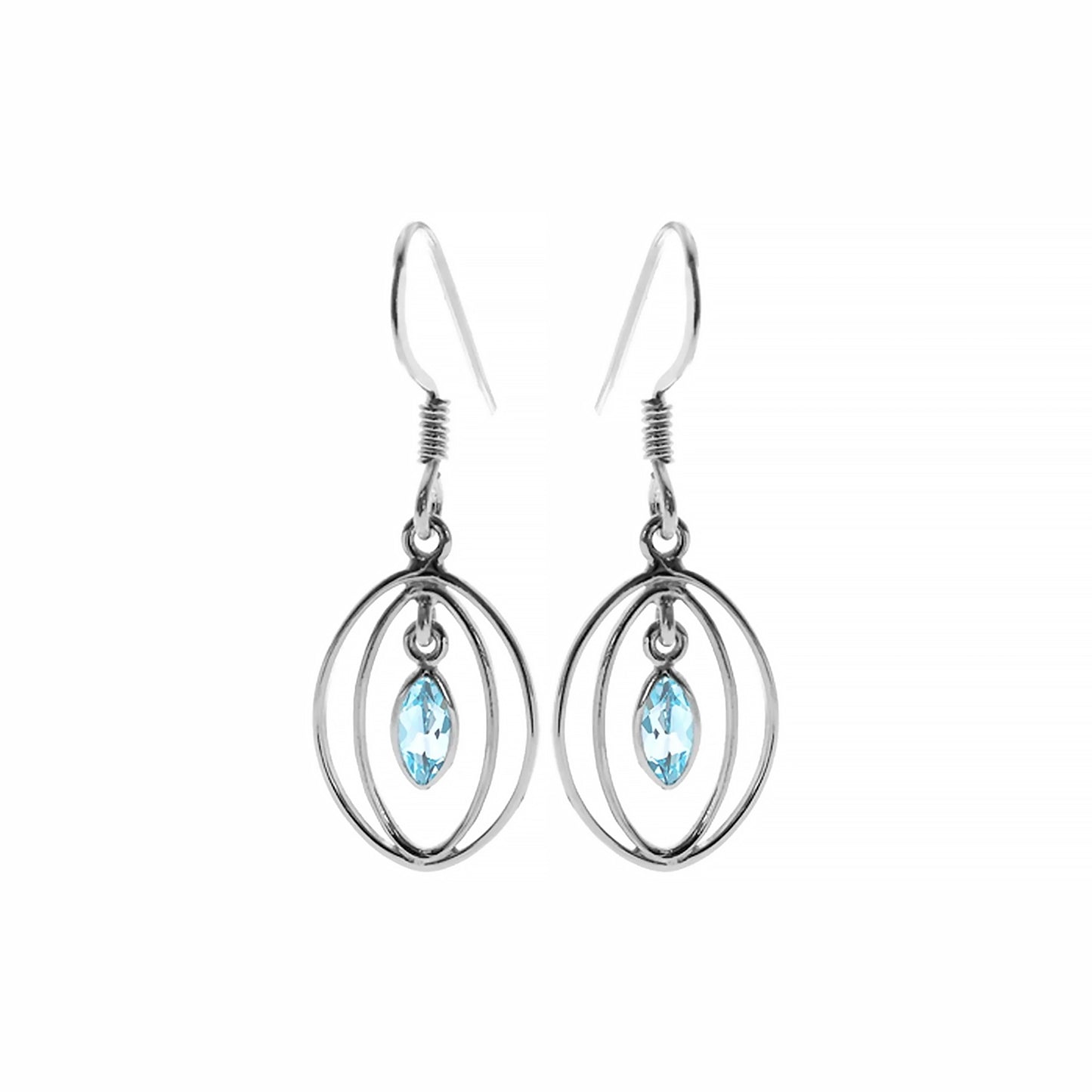 Silver drop earrings with two oval shapes and a marquis shaped blue topaz stone in the centres