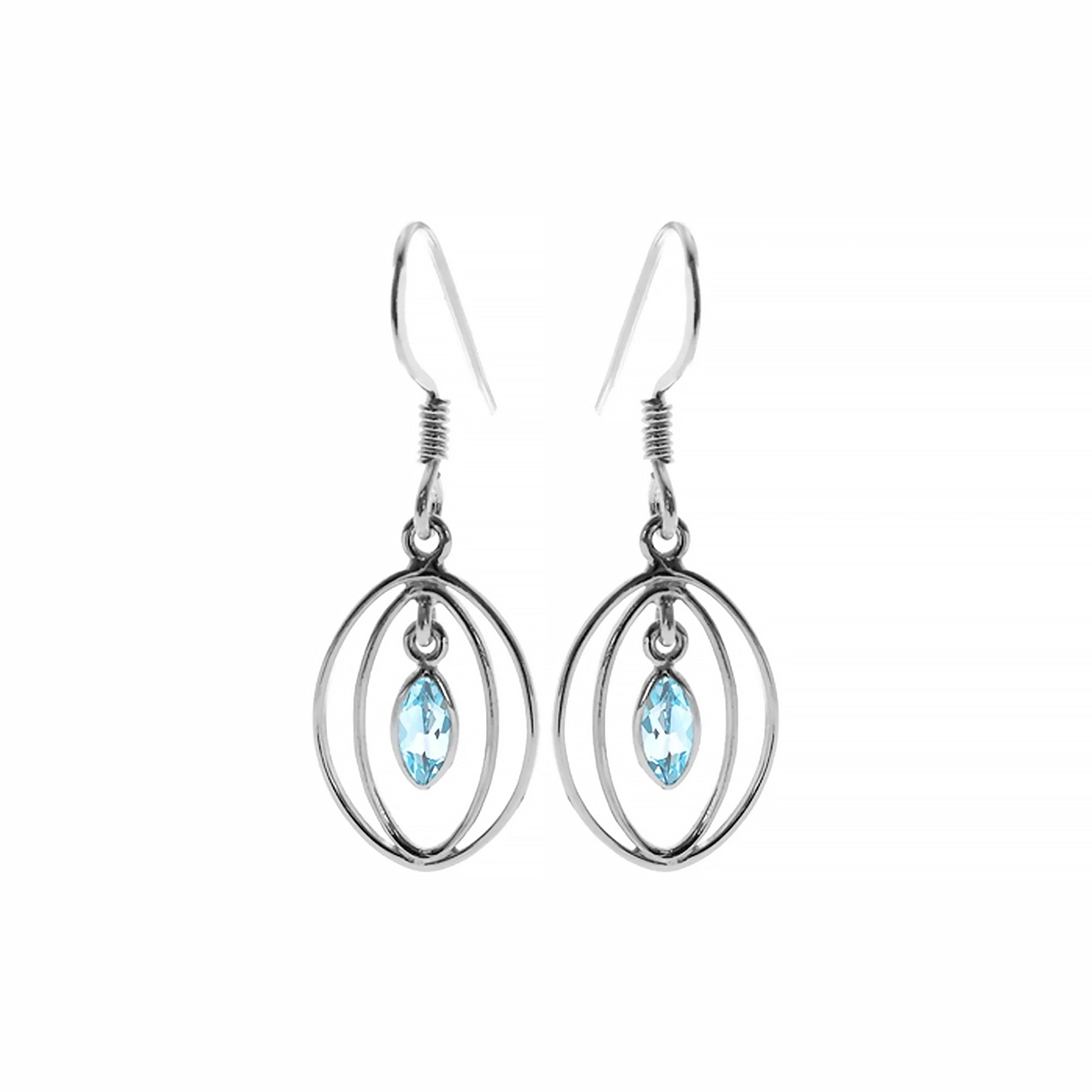Silver drop earrings with two oval shapes and a marquis shaped blue topaz stone in the centres