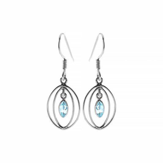 Silver drop earrings with two oval shapes and a marquis shaped blue topaz stone in the centres