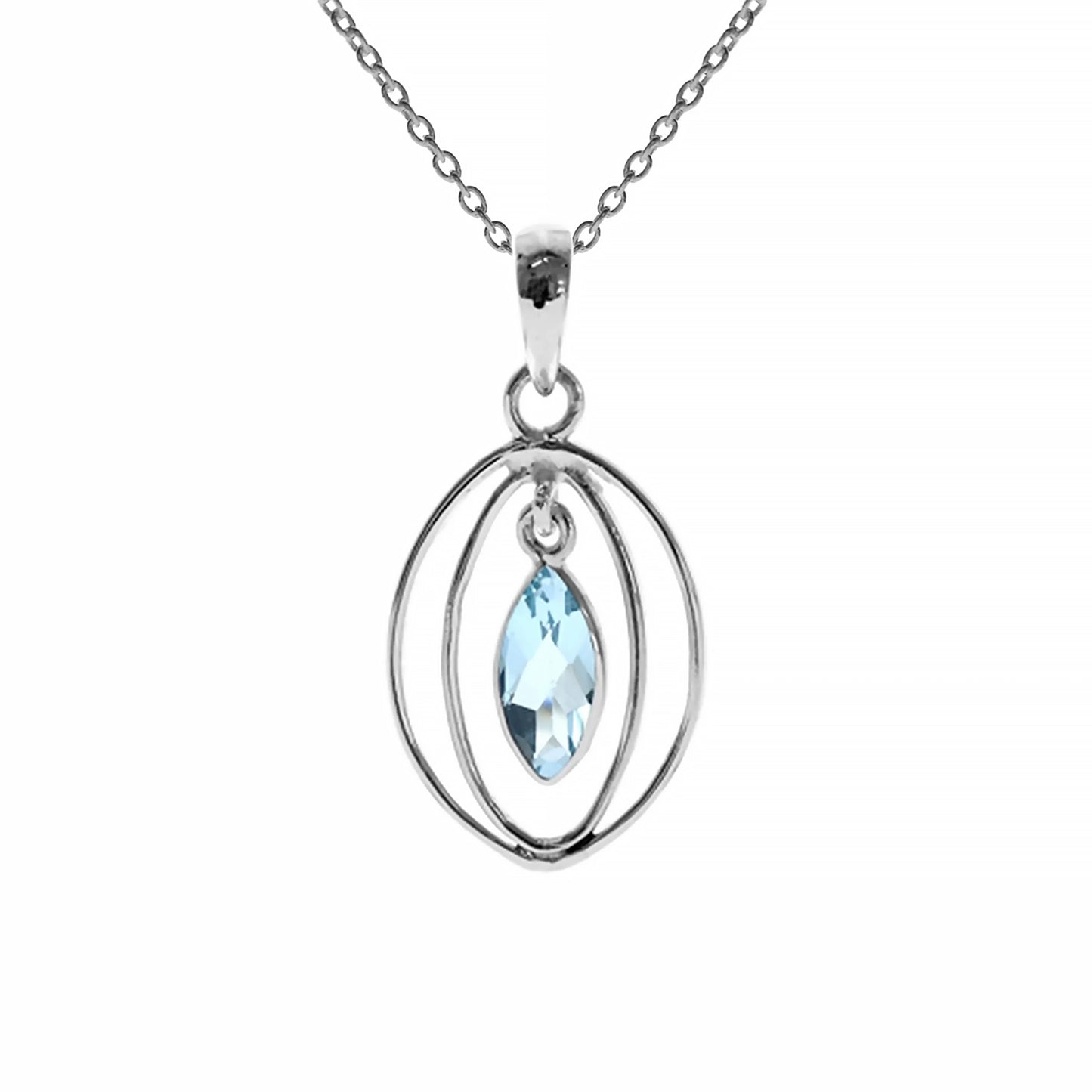 Silver pendant with two oval shapes and a marquis shaped blue topaz stone in the centre on a silver chain