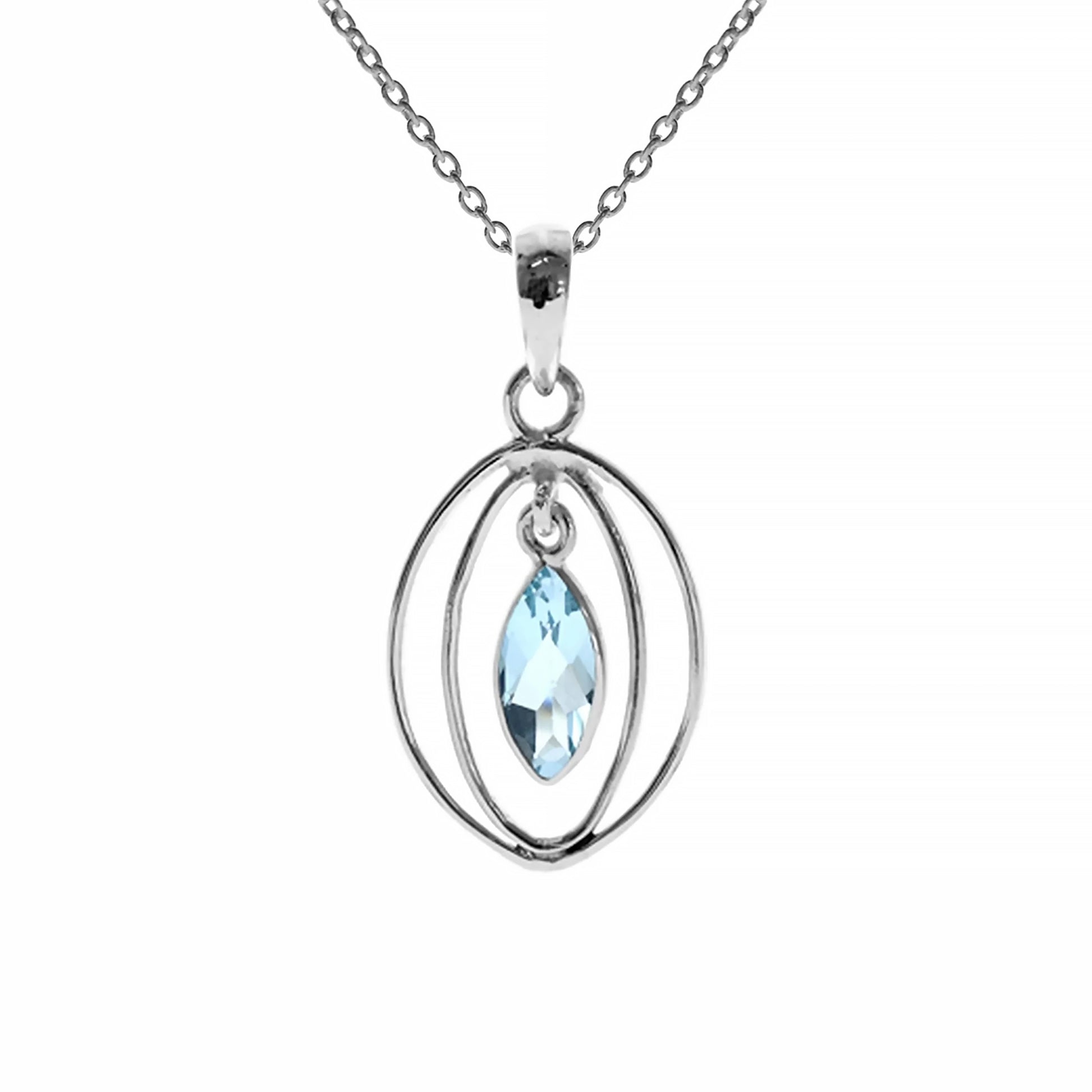 Silver pendant with two oval shapes and a marquis shaped blue topaz stone in the centre on a silver chain