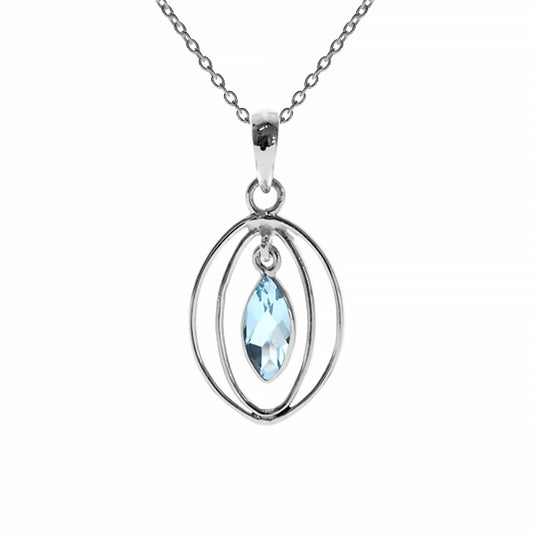 Silver pendant with two oval shapes and a marquis shaped blue topaz stone in the centre on a silver chain
