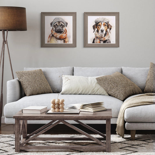 A framed art print of a jack russel dog wearing a hat and scarf hanging on wall