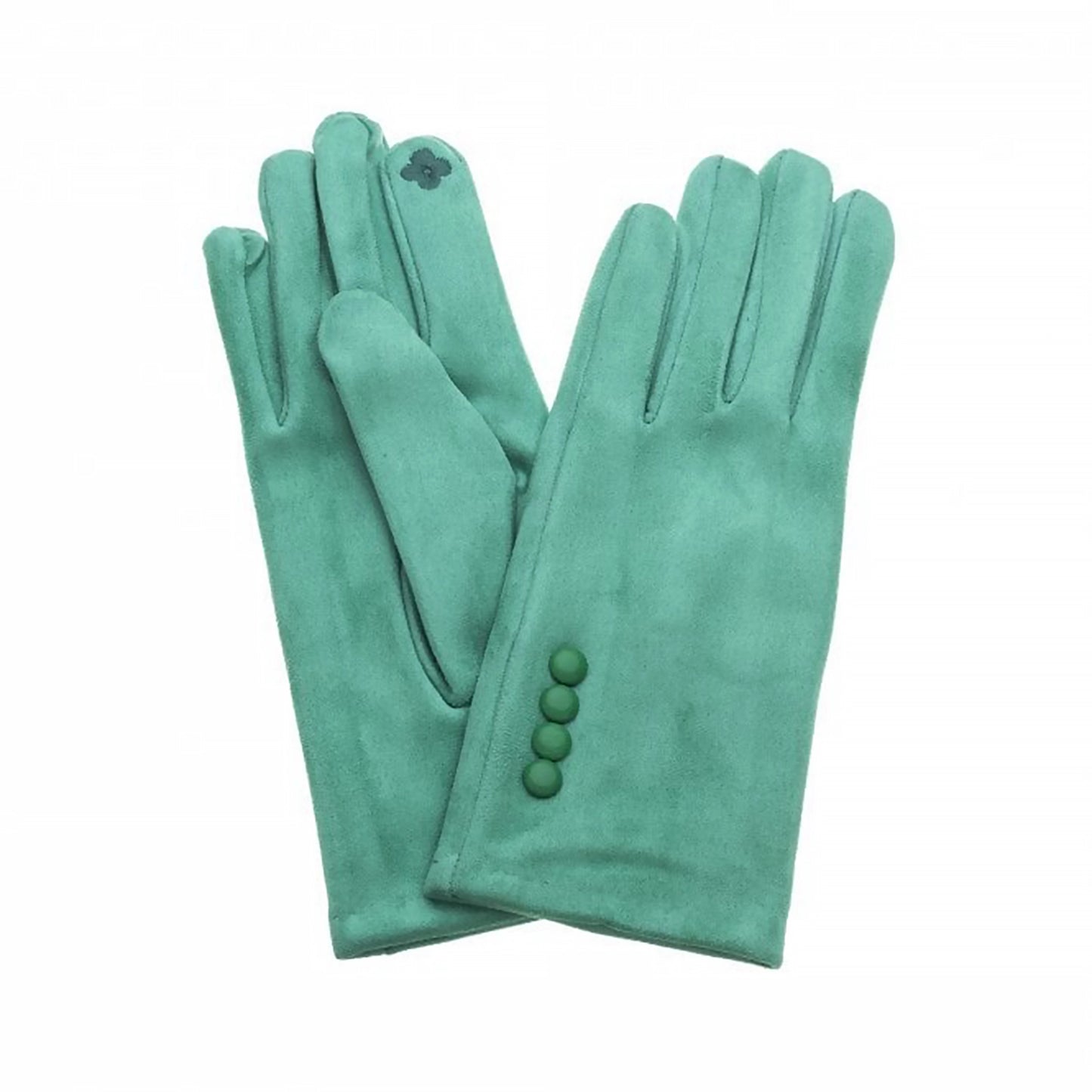 A pair of jade green faux suede gloves with button details on the cuff