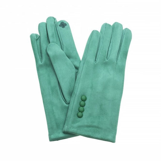 A pair of jade green faux suede gloves with button details on the cuff