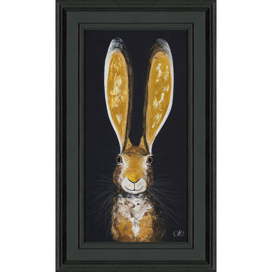 A narrow rectagular framed print featuring a hair with long ears