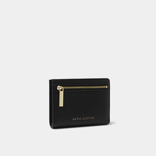 A little black purse branded with 'Katie Loxton' and featuring a gold zip 