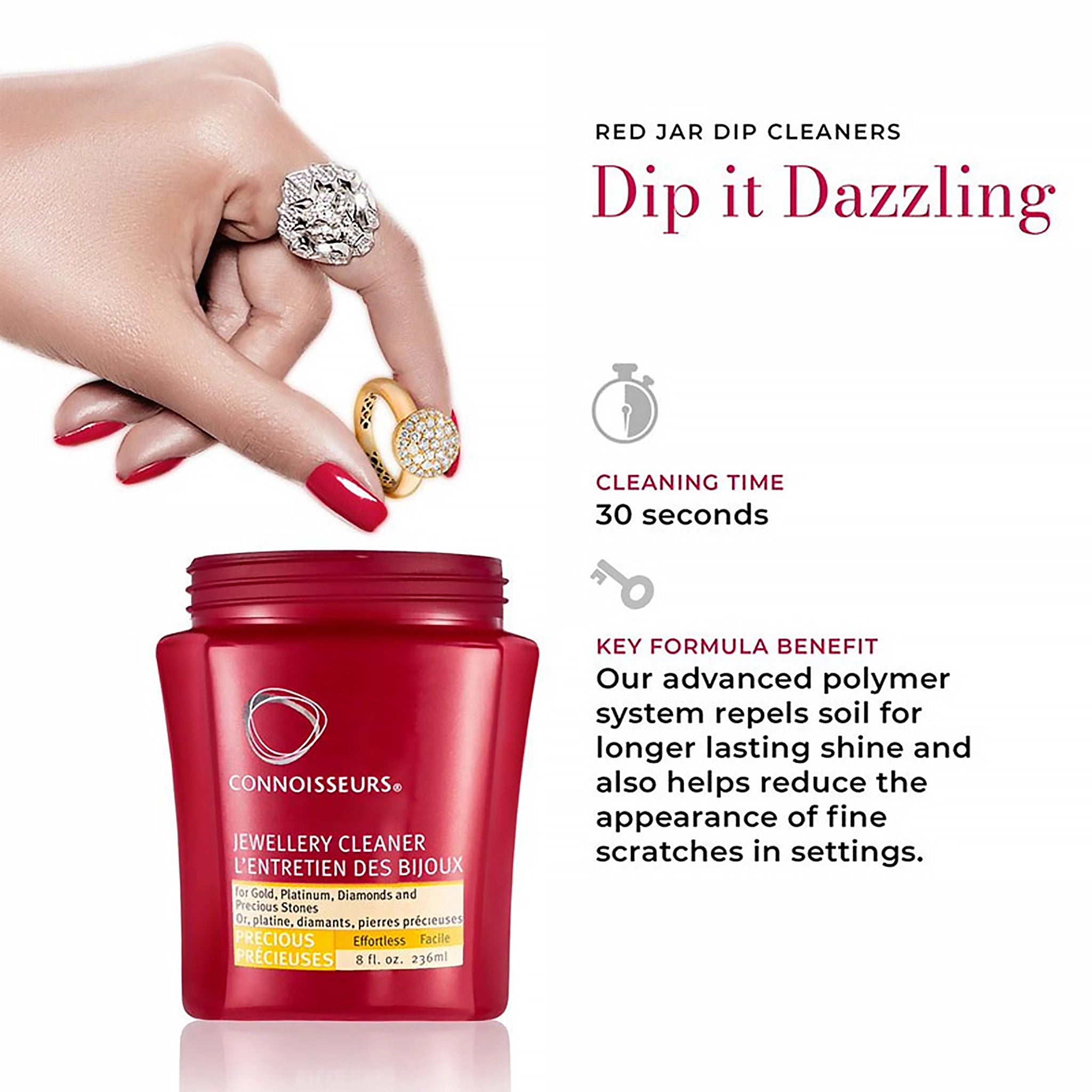 A red jar jewellery dip cleaner for gold, platinum and precious stones - time and formula