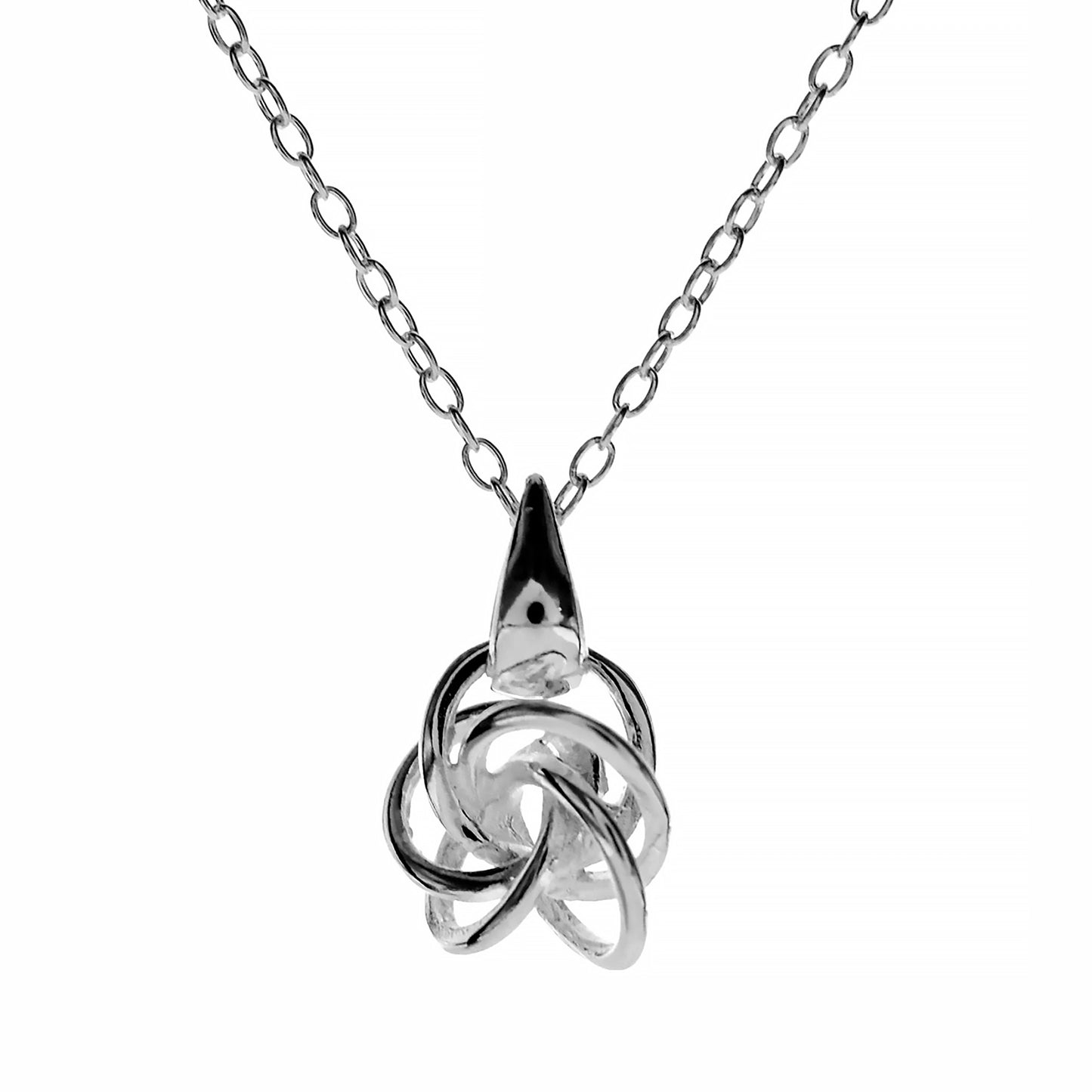 Silver pendant with linking circles in an orbital cage shape