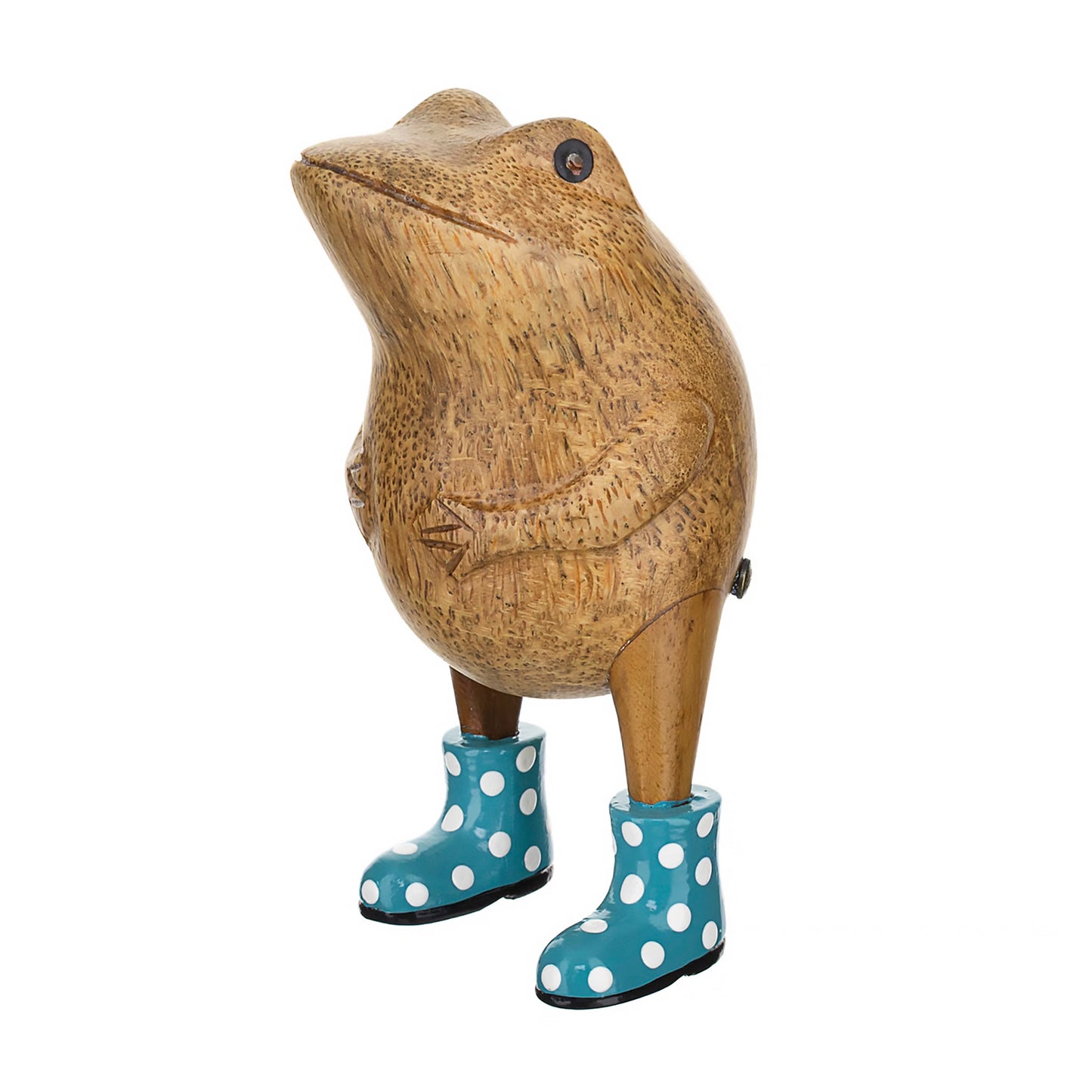 Wooden frog figurine with blue spotted wellies
