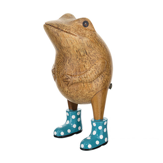 Wooden frog figurine with blue spotted wellies