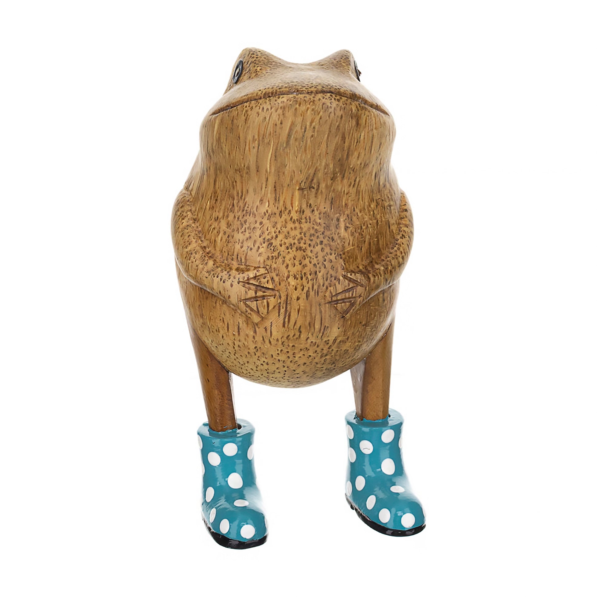 Wooden frog figurine with blue spotted wellies