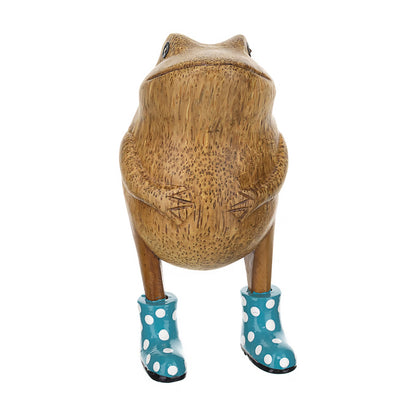 Wooden frog figurine with blue spotted wellies