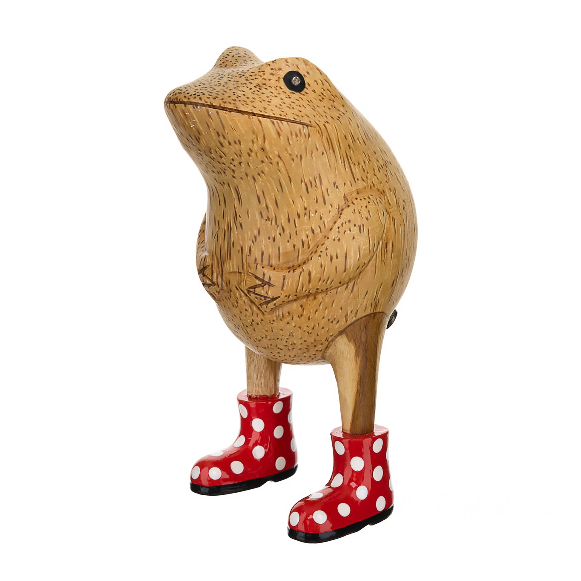 Wooden frog figurine with red spotted wellies