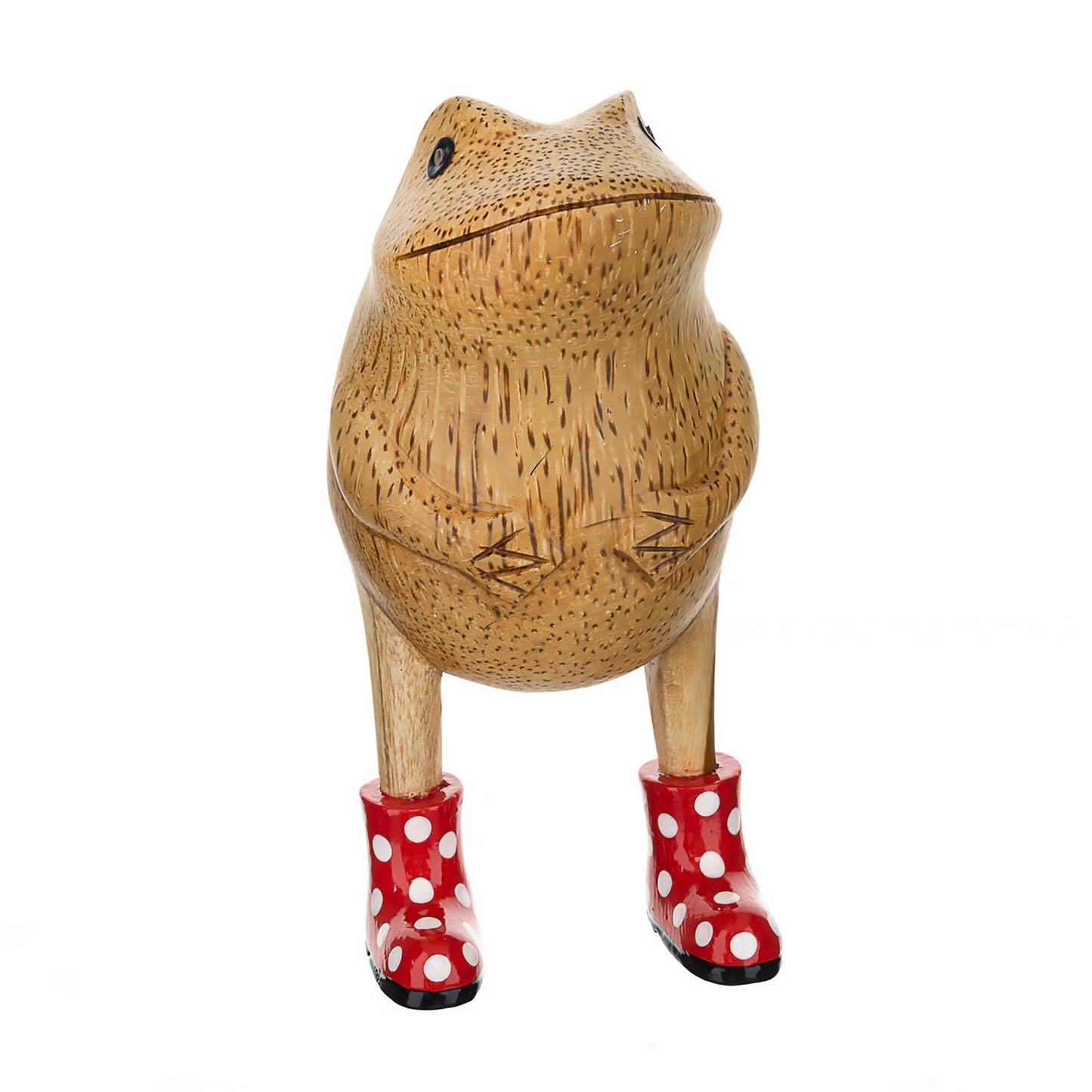 Wooden frog figurine with red spotted wellies front facing