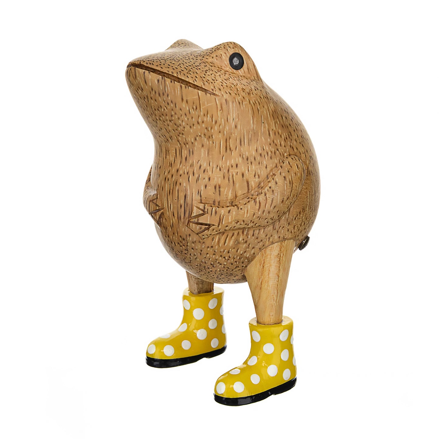 Wooden frog figurine with yellow spotted wellies