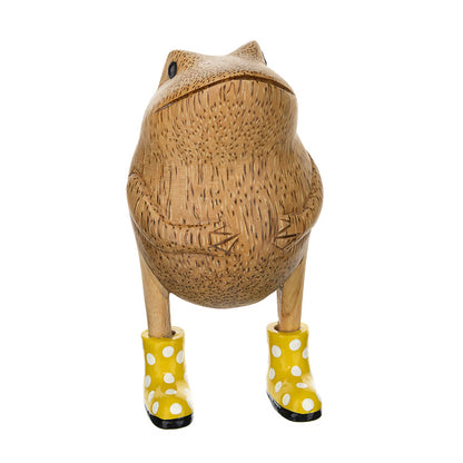 Wooden frog figurine with yellow spotted wellies front
