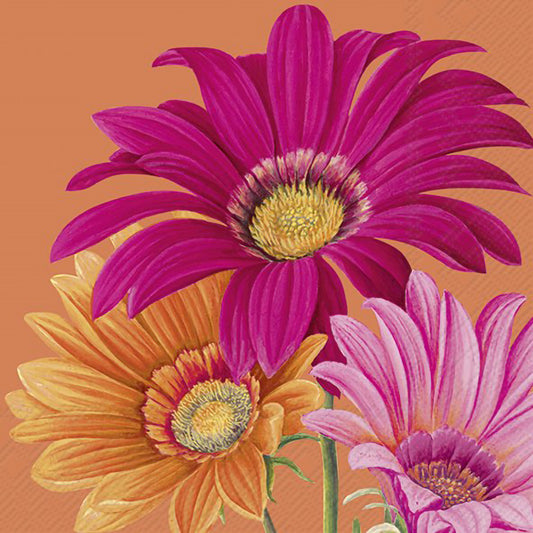 Orange napkin featuring a design of pink and orange gerbera daisies
