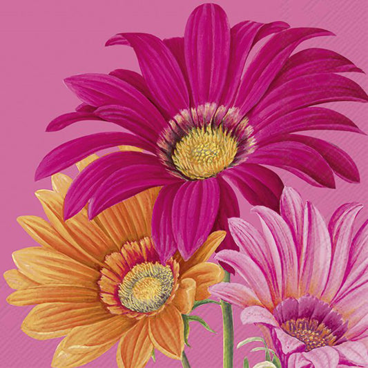 Pink napkin featuring a design of pink and orange gerbera daisies