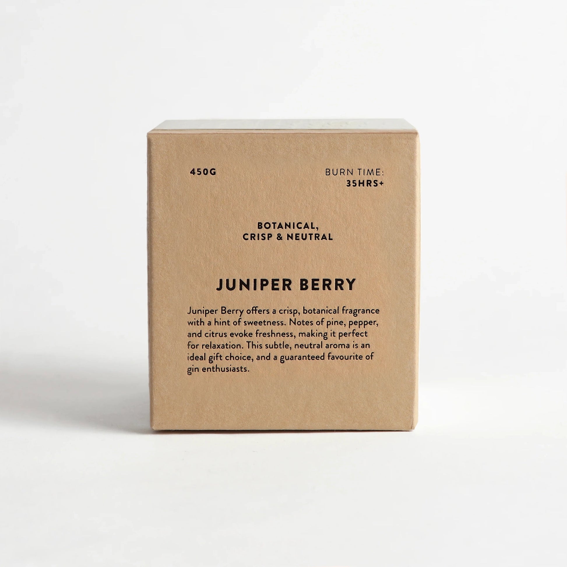 Juniper berry scented candle with scent details on box