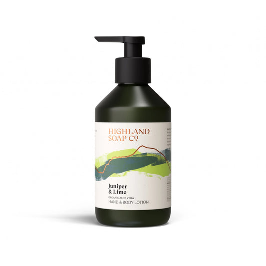 The Highland Soap Co. juniper and lime scented hand and body lotion pump bottle