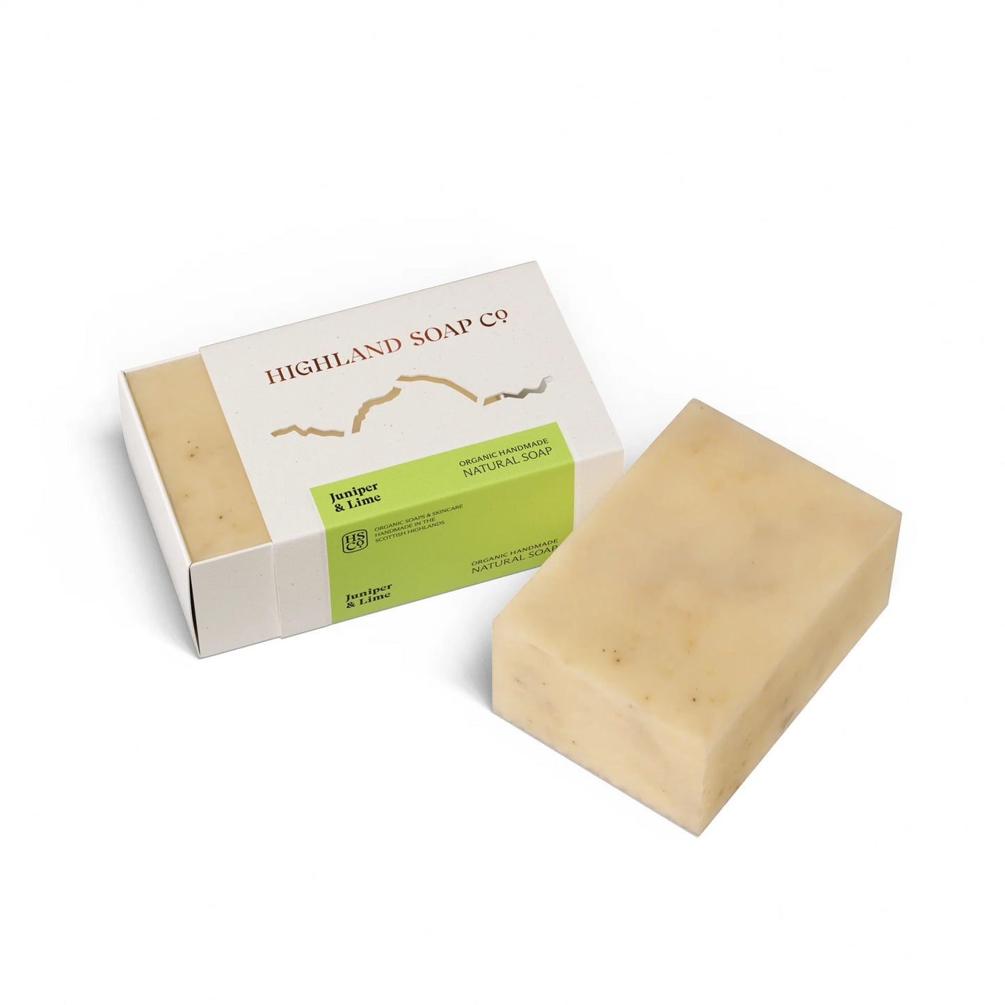 Highland Soap Co. juniper and lime scented soap bar in box packaging