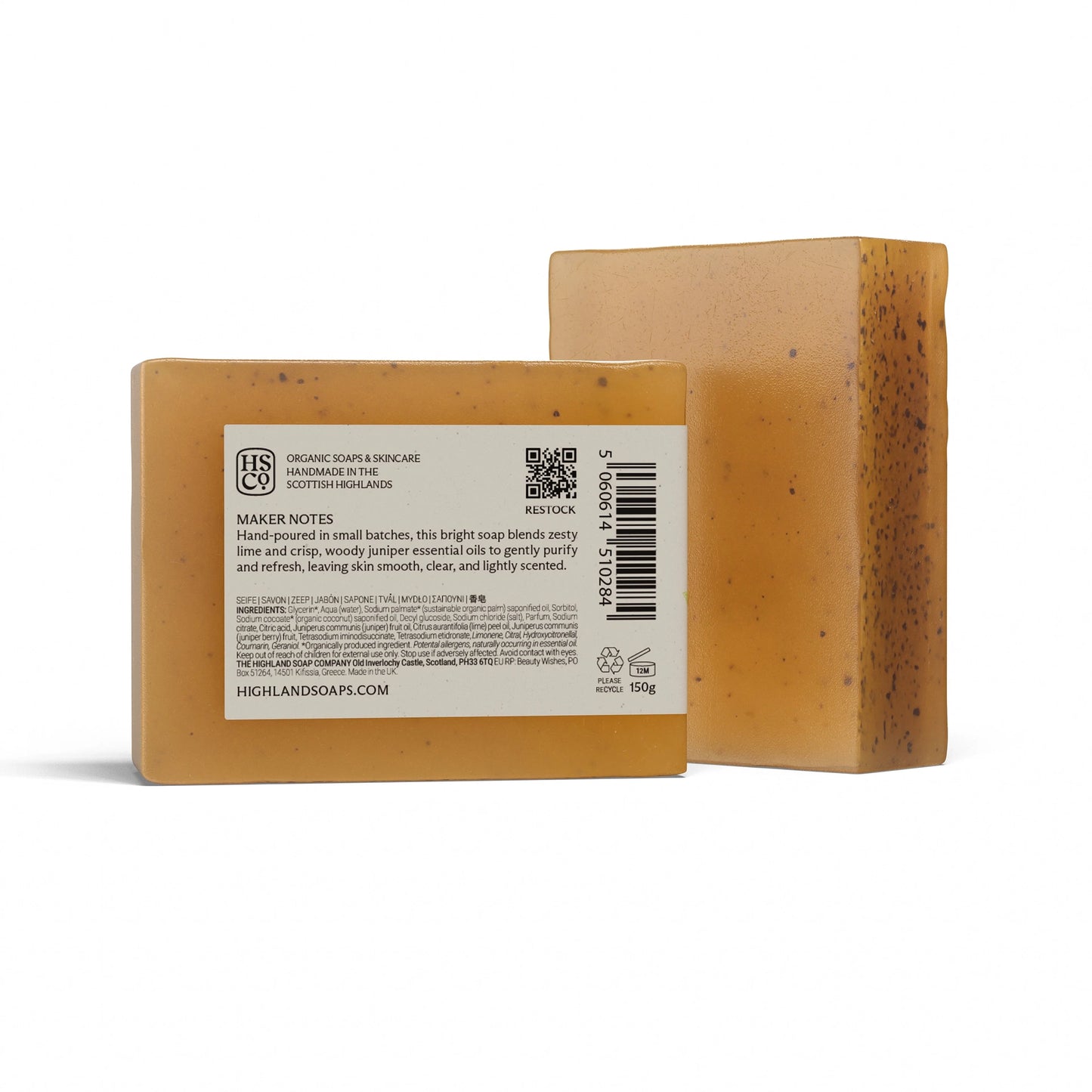 Back of Highland Soap Co. bar of organic juniper and lime soap with list of ingredients