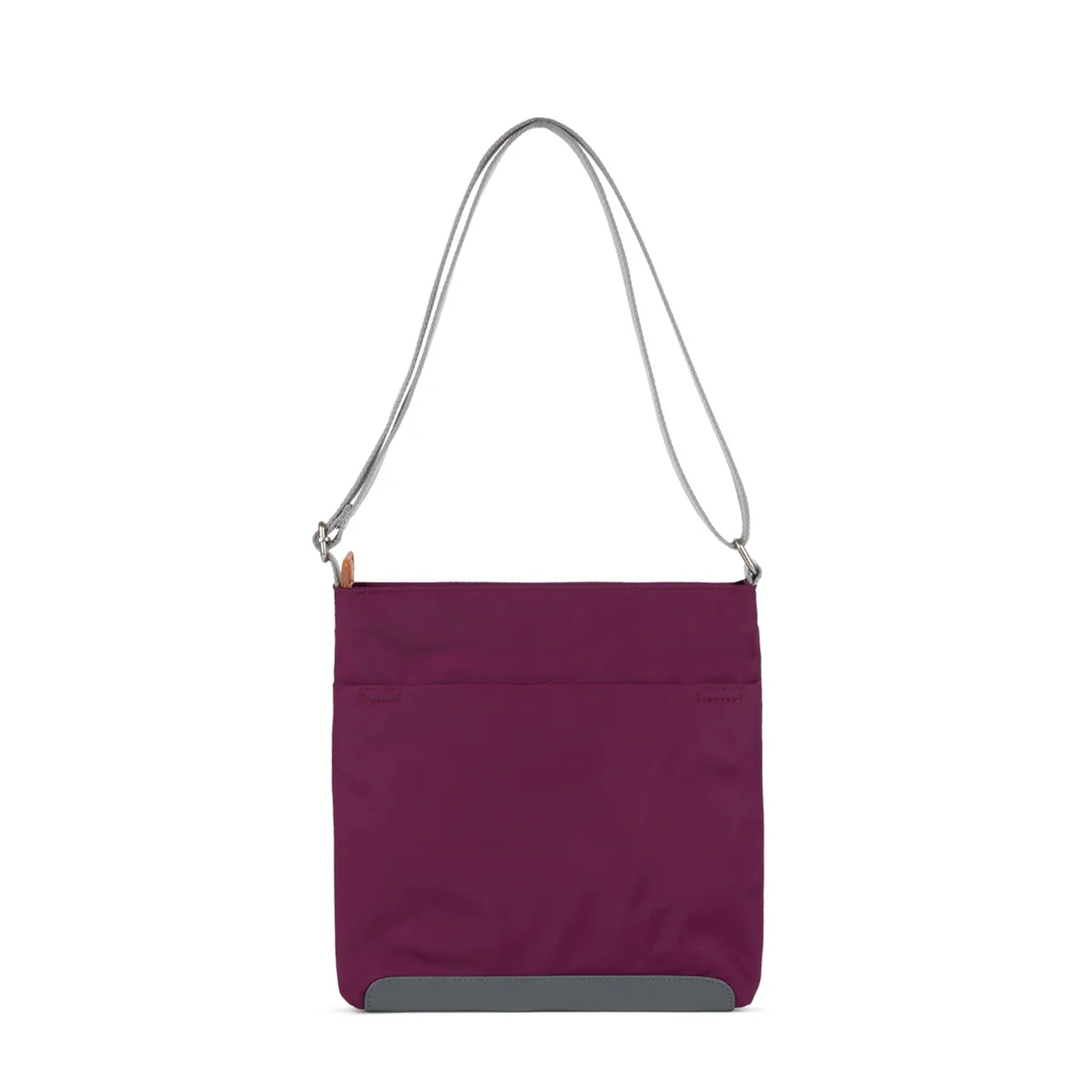back of burgundy Nylon crossbody bag with grey cotton strap