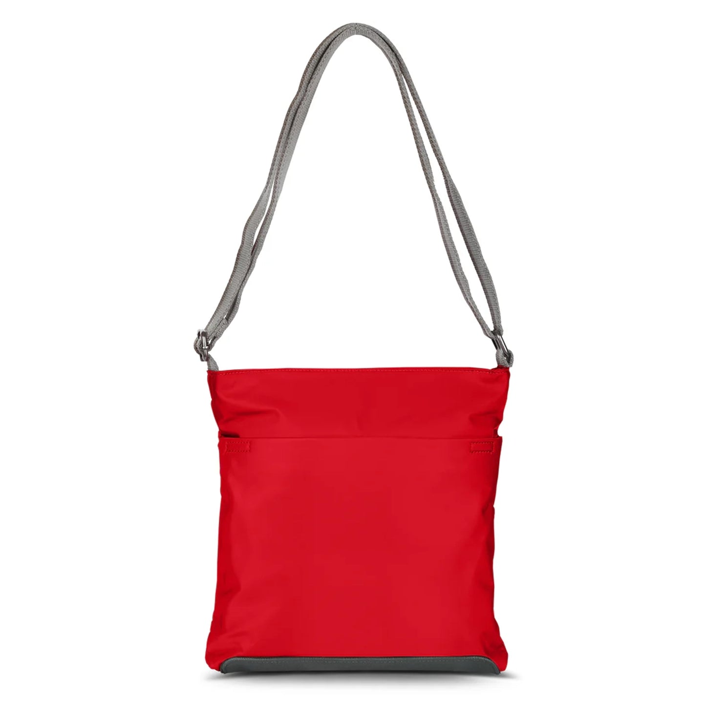 Back of cranberry Nylon crossbody bag with grey cotton strap