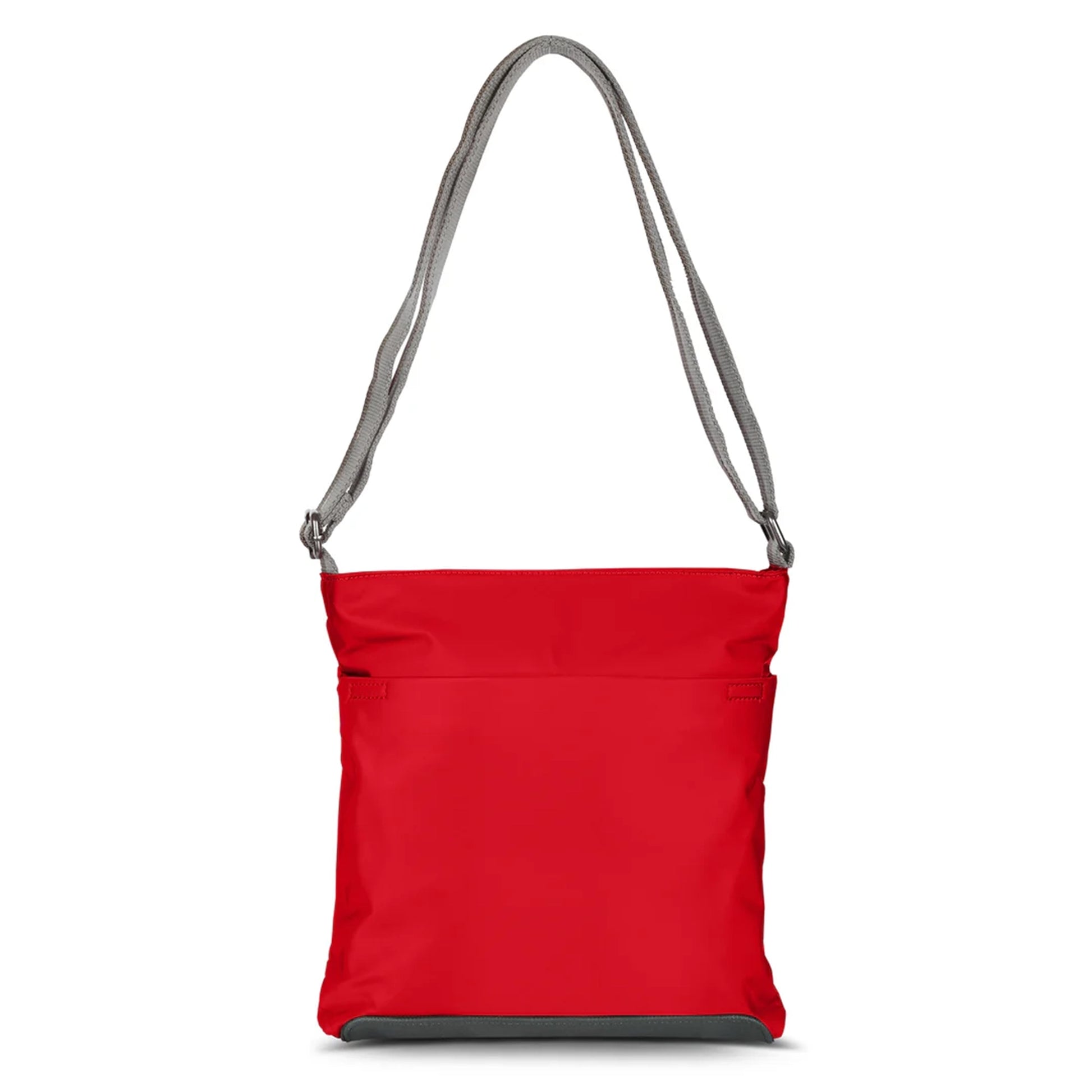 Back of cranberry Nylon crossbody bag with grey cotton strap
