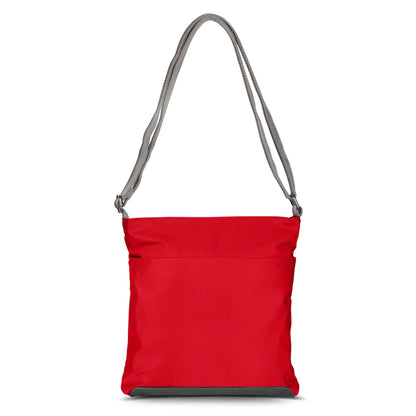 Back of cranberry Nylon crossbody bag with grey cotton strap