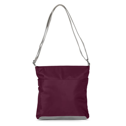 Back of plum Nylon crossbody bag with grey cotton strap